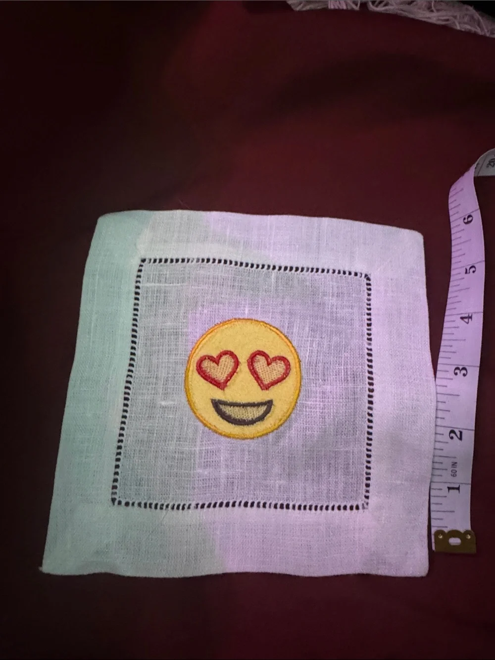 Embroidered Love Face Emoji Linen Cocktail Napkin - White C1.B.1R